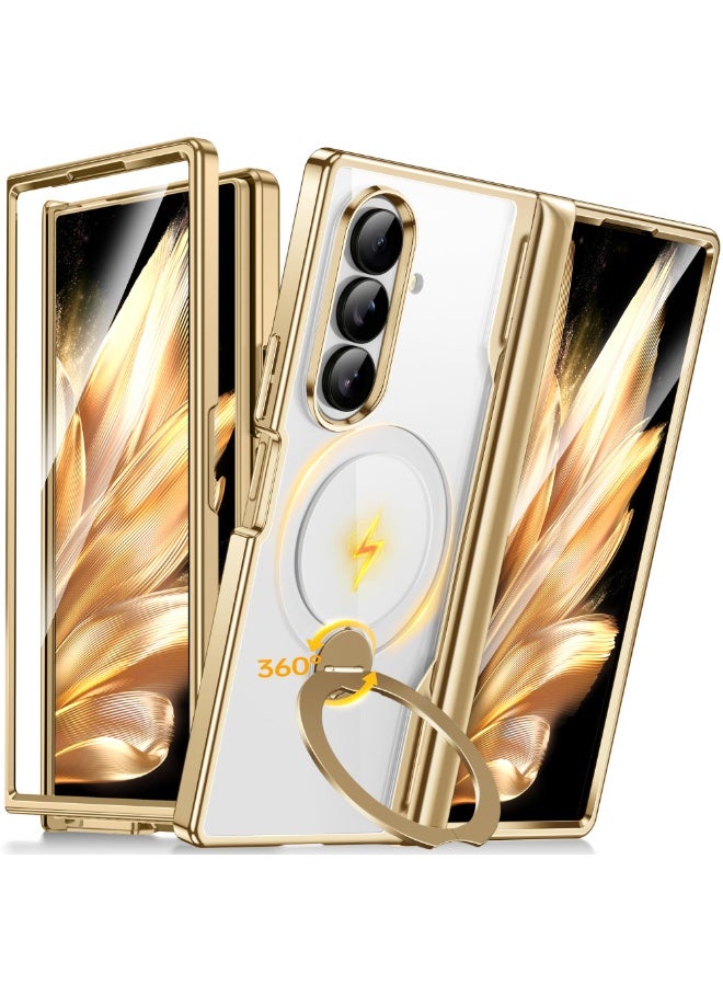 BERFY for Z Fold 7 Case with 360 Spin Magnetic Stand, Compatible with Magsafe, Built-in Screen Protector, Clear Plating Full-Body Shockproof Protective Phone Case for Samsung Galaxy Z Fold 7, Gold